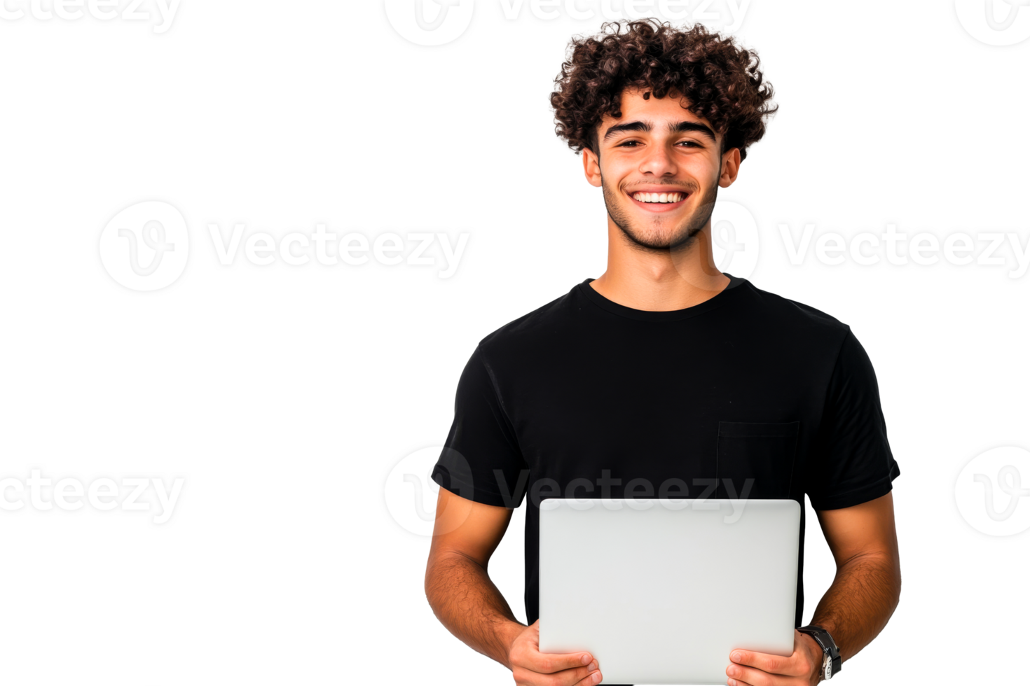 Smiling student holding laptop, study concept, education, cut out transparent png