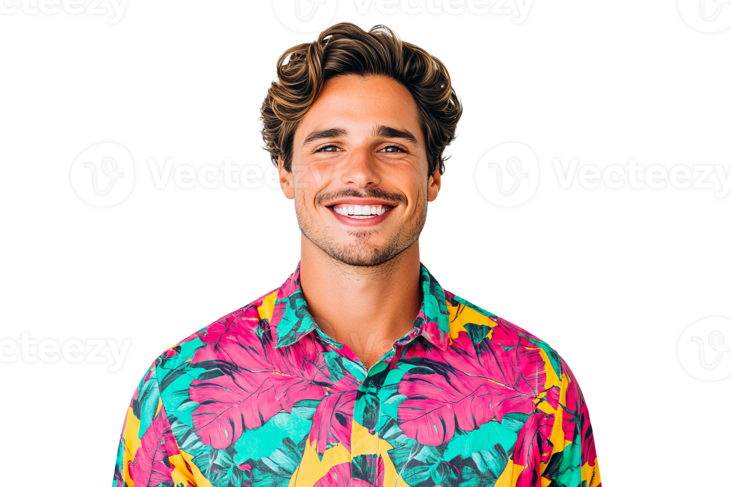 Young man portrait with Hawaiian shirt smiling, cut out transparent png