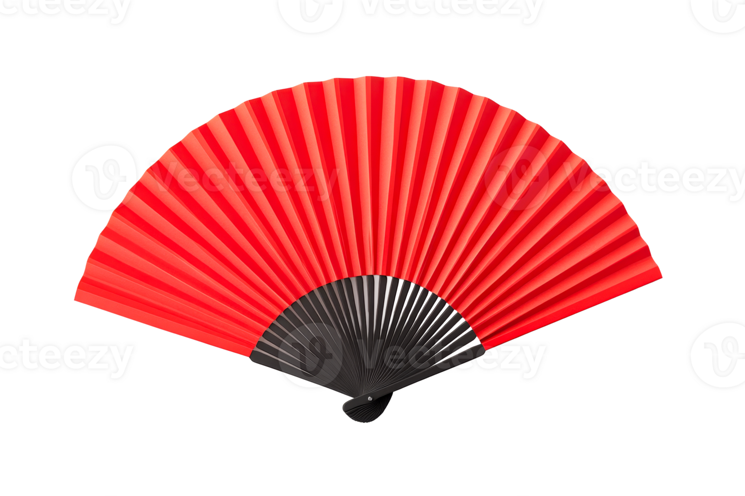 Opened red fan with black handle, paper material, cut out transparent png