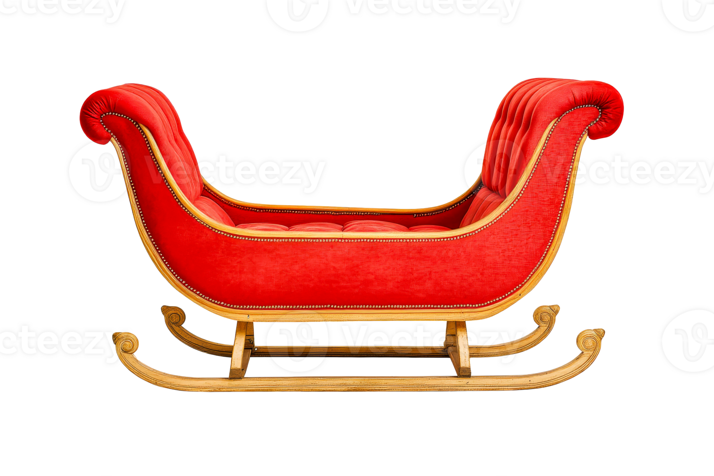 Santa's luxurious red velvet sleigh, golden trim , cut out transparent png