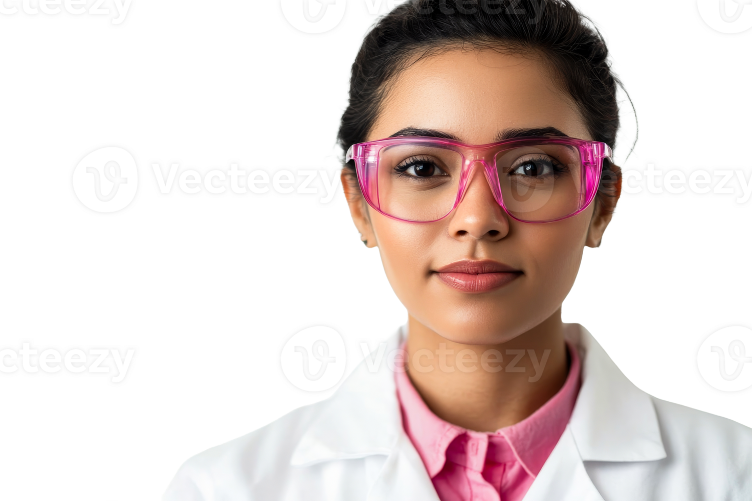 Portrait of a young female scientist in pink glasses, cut out transparent png