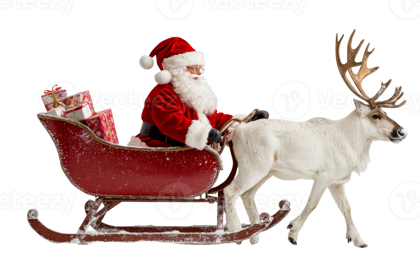 Santa Claus riding reindeer sleigh, Christmas gifts, cut out transparent png