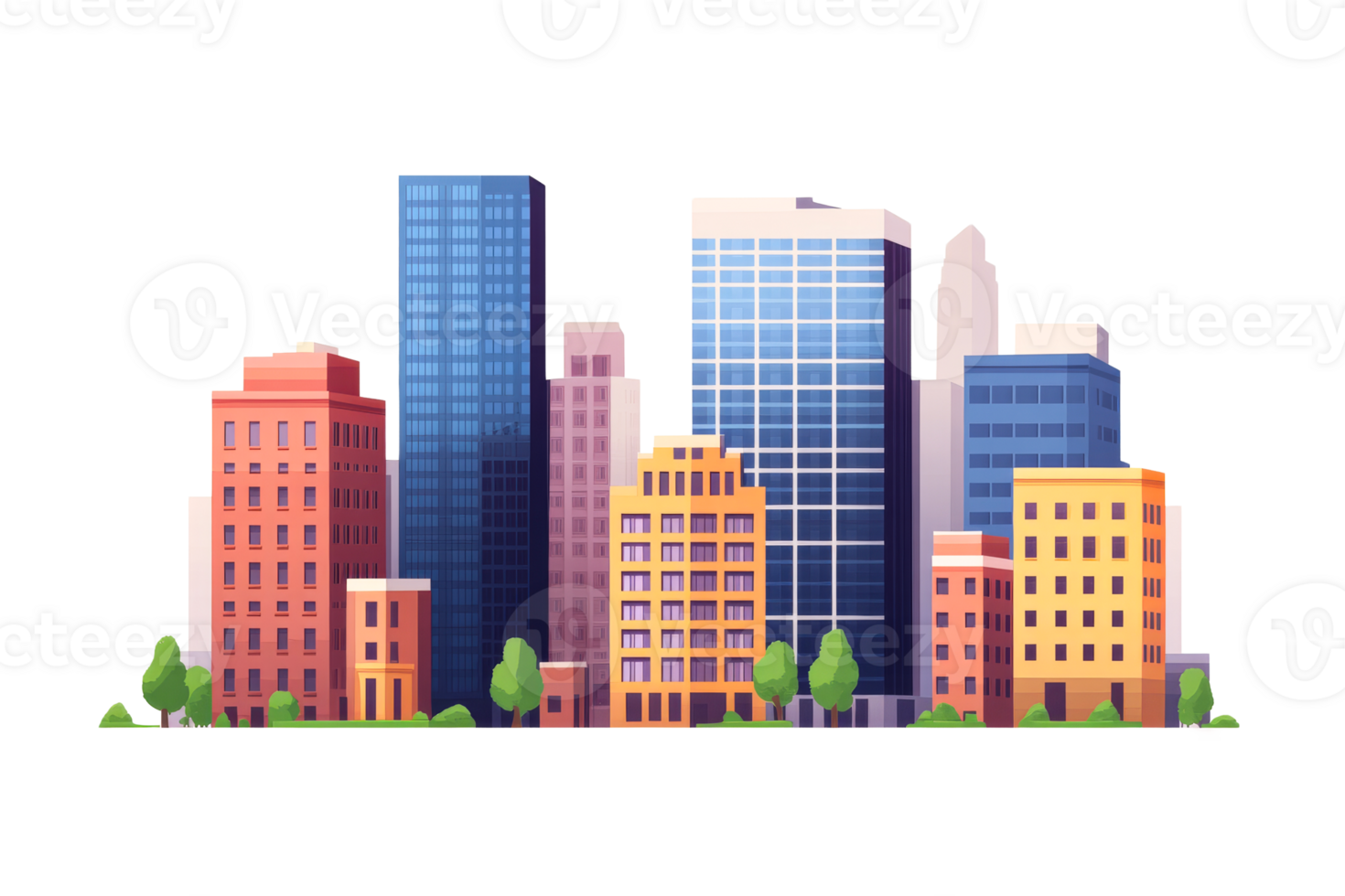 Cityscape with buildings, trees, architectural, construction, urban design, cut out transparent png