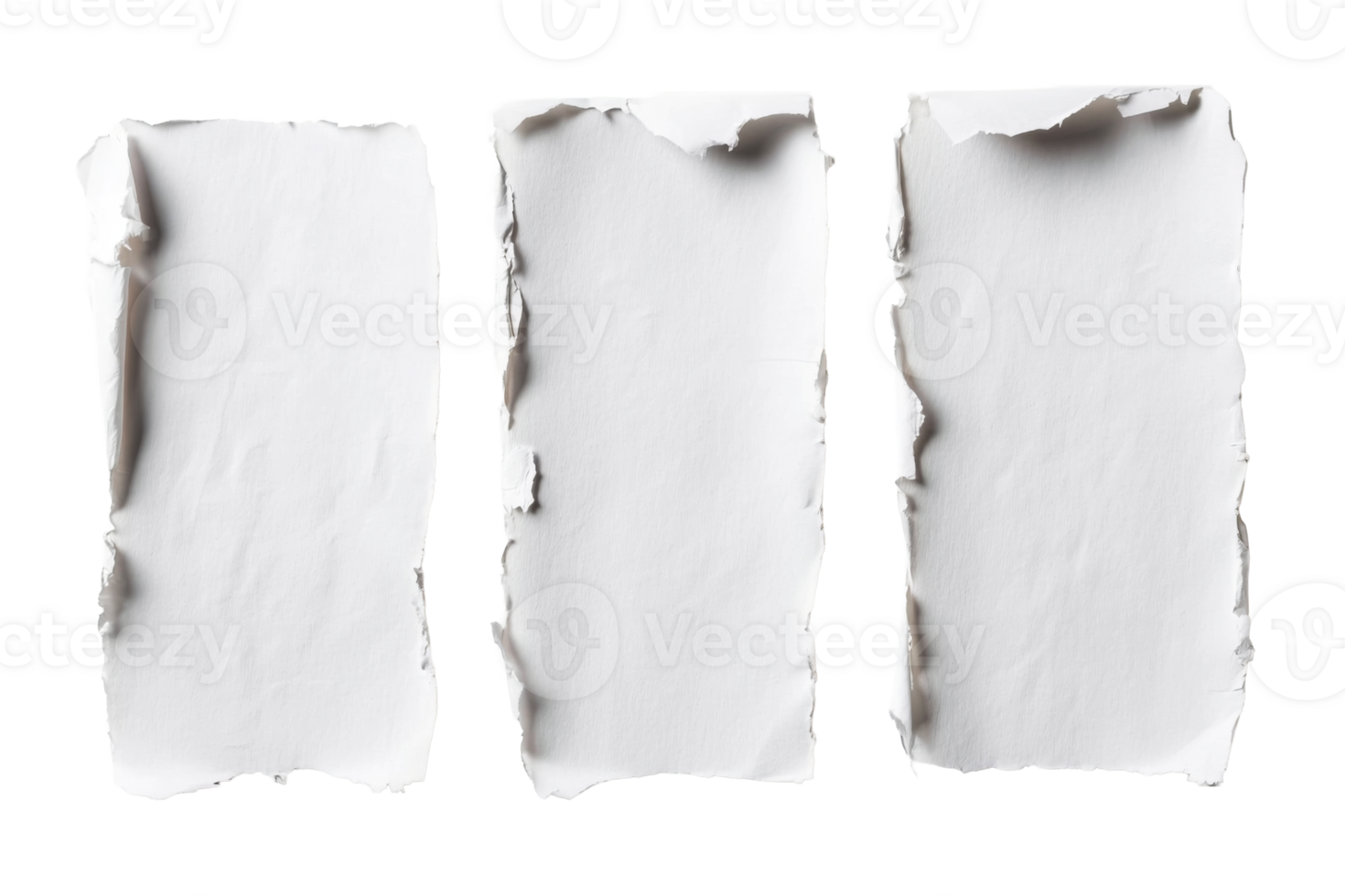 Three torn paper sheets with rough edges, advertising template, cut out transparent png