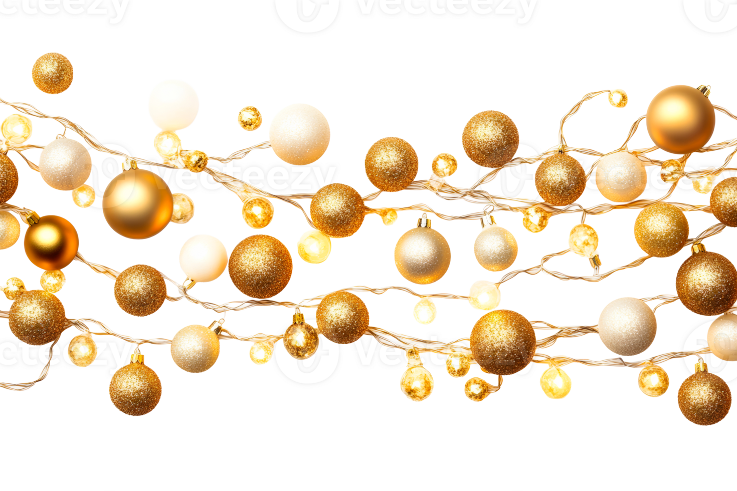 Holiday String Lights and Ornaments on Black Background, cut out transparent png