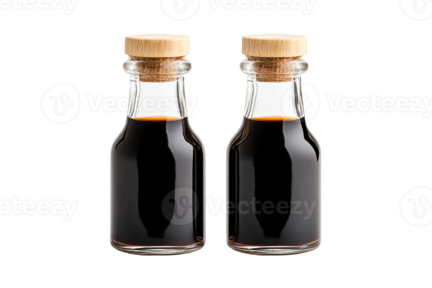 Two bottles of dark liquid with wooden stoppers, cut out transparent png