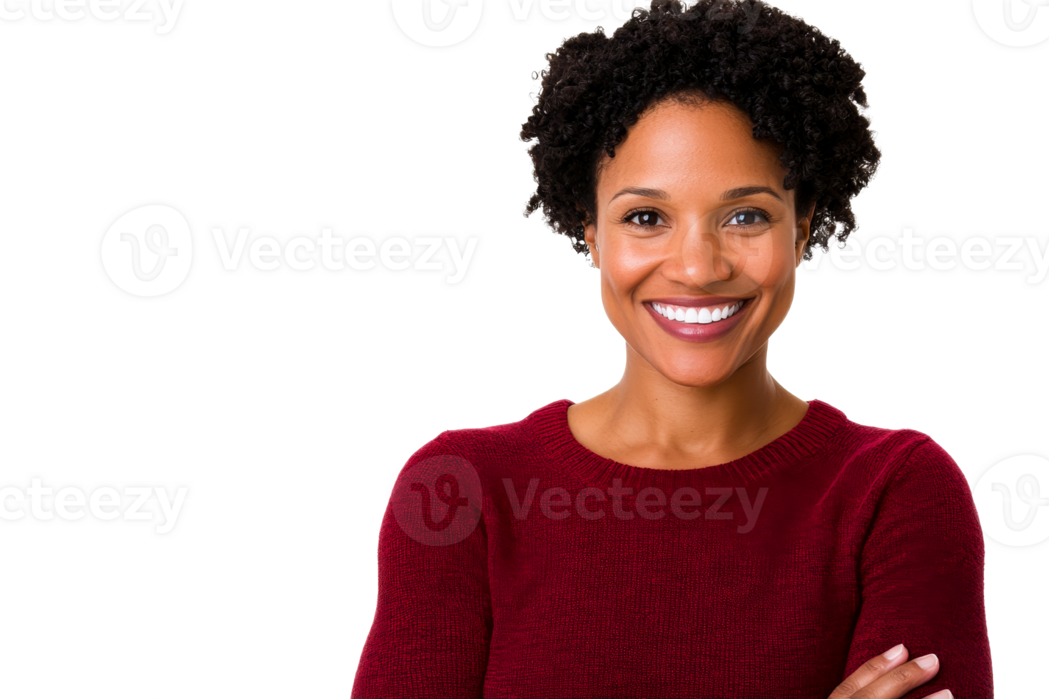 Smiling woman with crossed arms in red sweater, cut out transparent png