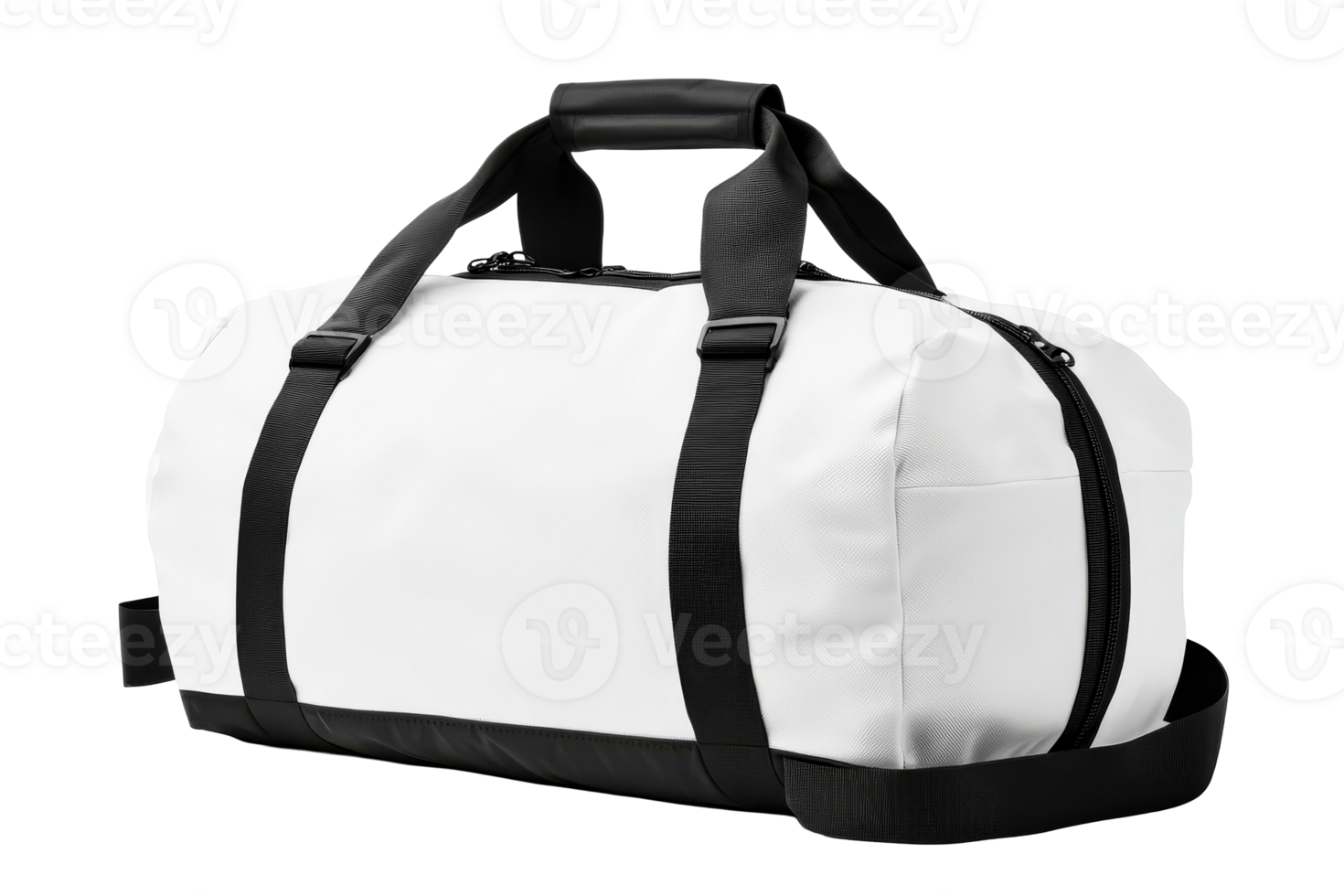White duffel bag with black accents for sports or travel , cut out transparent png