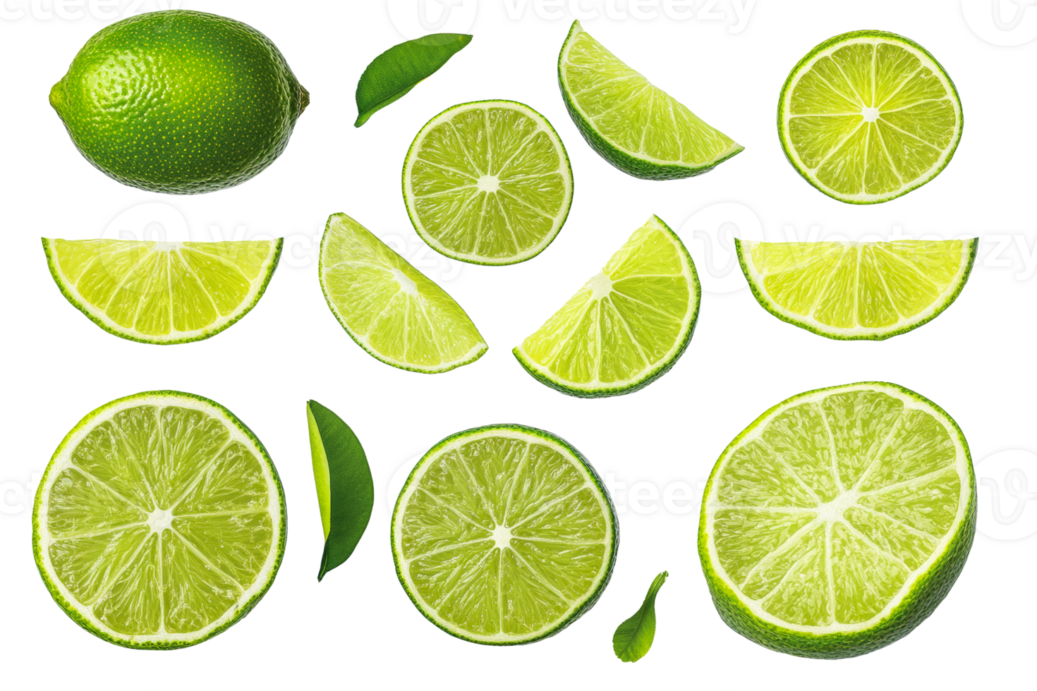 Fresh limes, whole and sliced, vibrant green citrus fruits, cut out transparent png