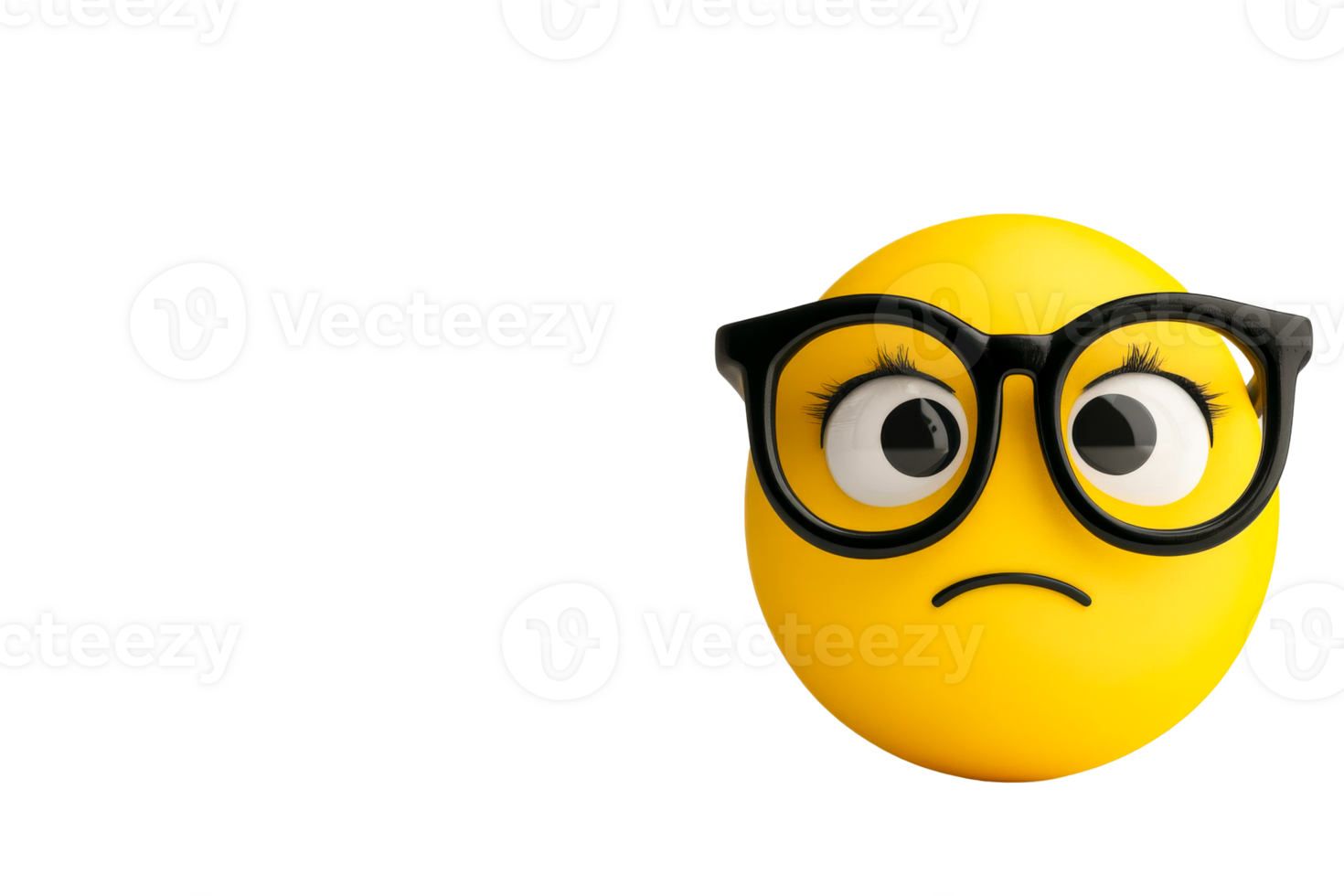 Yellow emoji face with glasses, sad expression, cut out transparent png