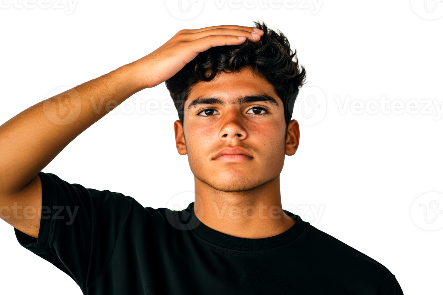 Teen with hand on head in a thoughtful expression, cut out transparent png