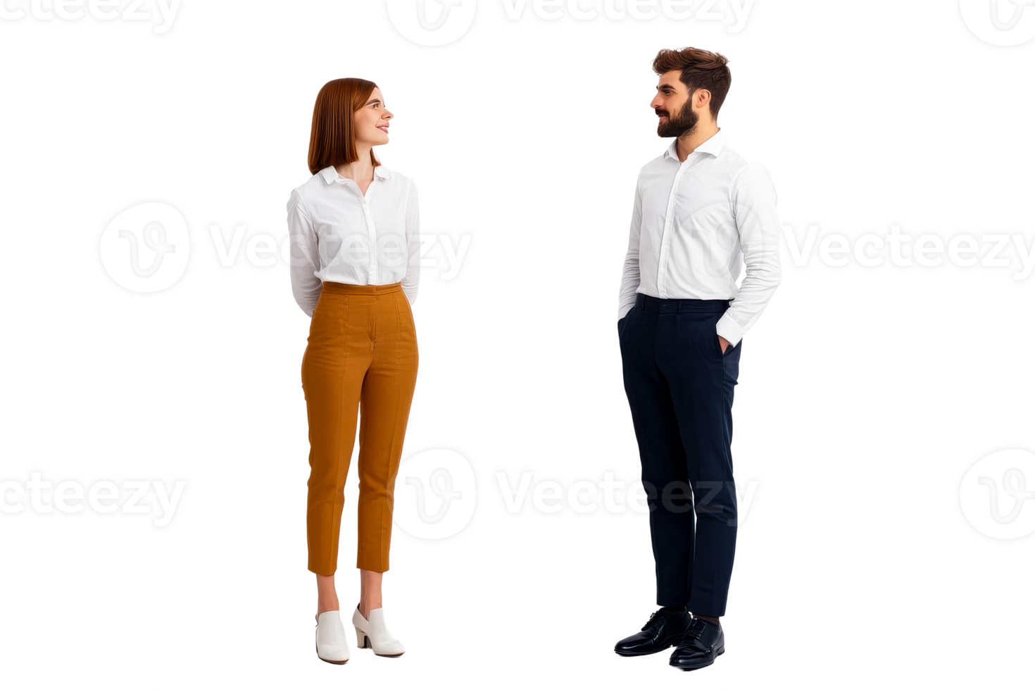 Elegant business professionals in formal wear looking at each other, cut out transparent png