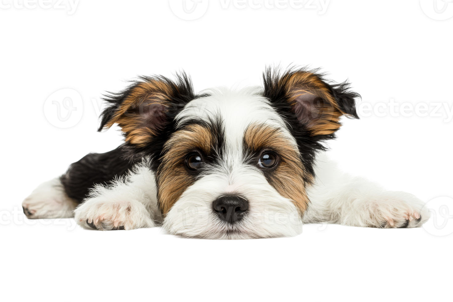 Cute puppy dog with big eyes lying down on black, cut out transparent png