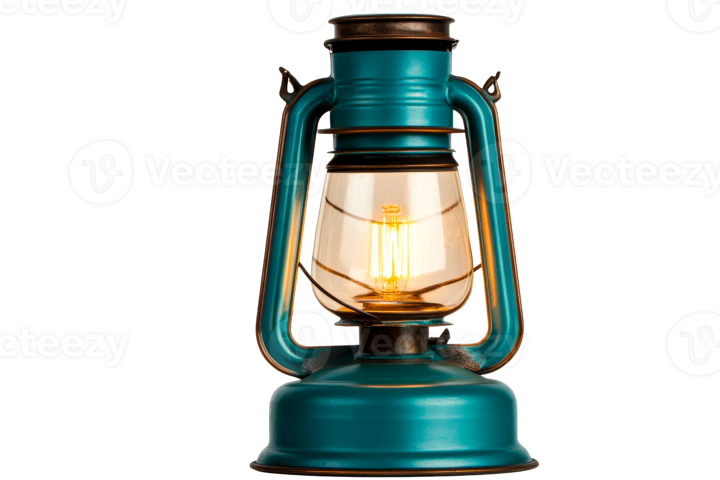 Old-Fashioned Teal Lantern with Glowing Bulb, cut out transparent png