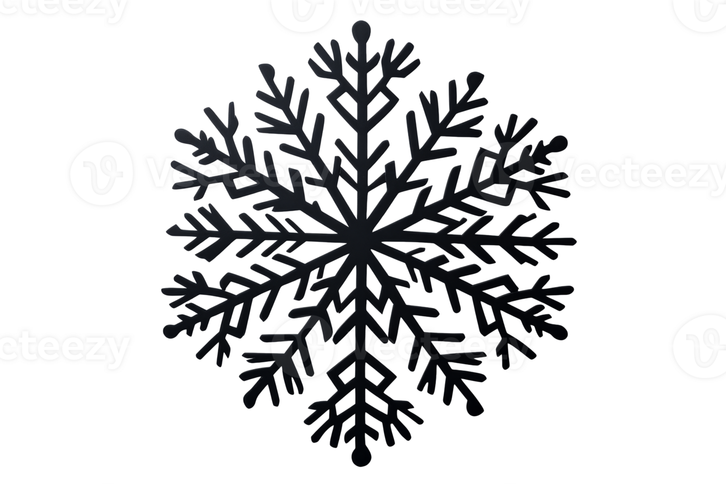 Dark ornamental snowflake illustration on black background, cut out transparent png