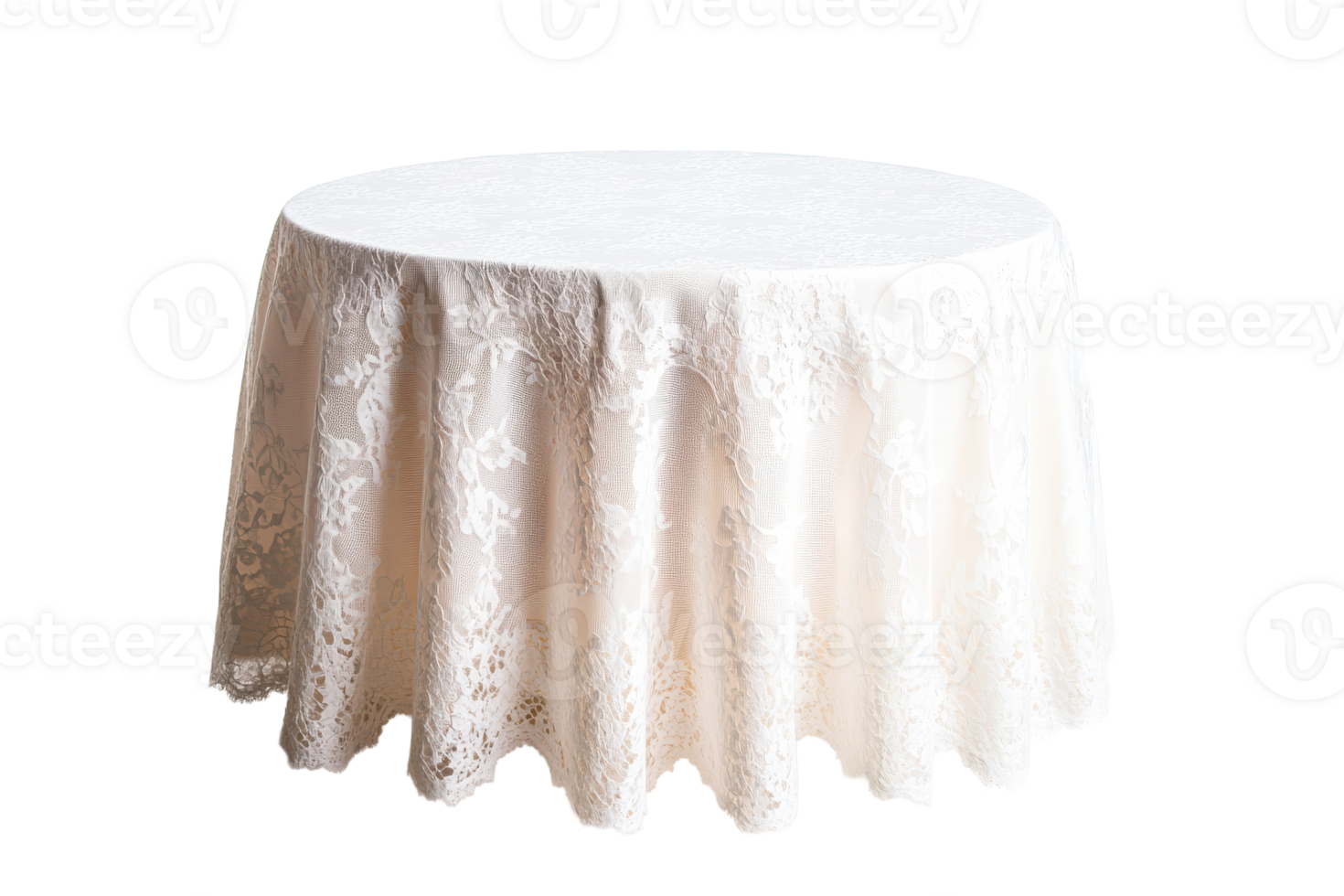 Round table covered with laced tablecloth isolated, cut out transparent png
