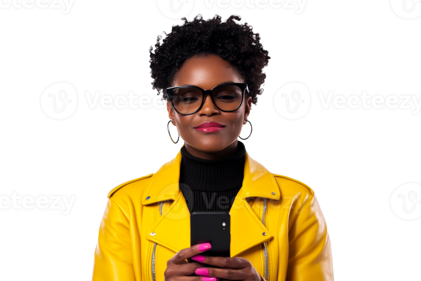 Stylish woman in yellow jacket using smartphone, cut out transparent png