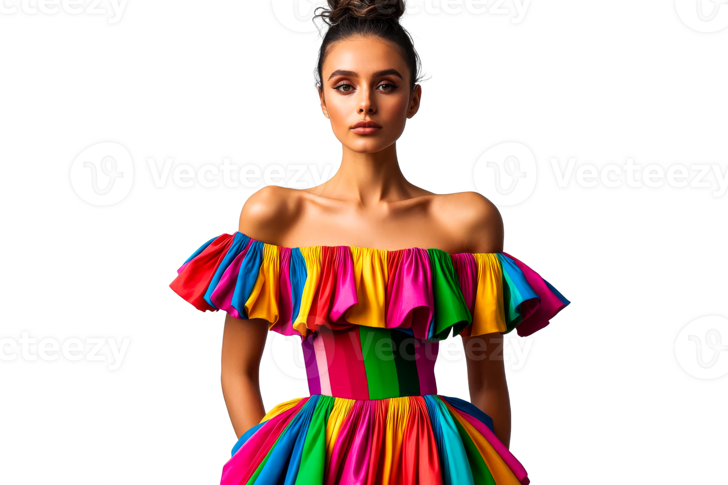 Gorgeous woman in rainbow off-shoulder dress, elegant pose, cut out transparent png