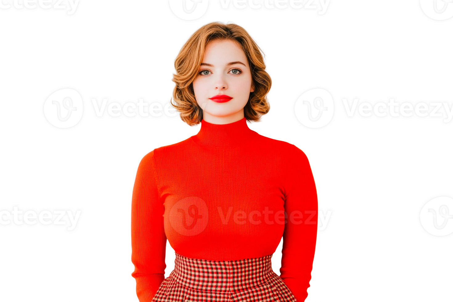 Stylish woman in red sweater with checkered skirt png