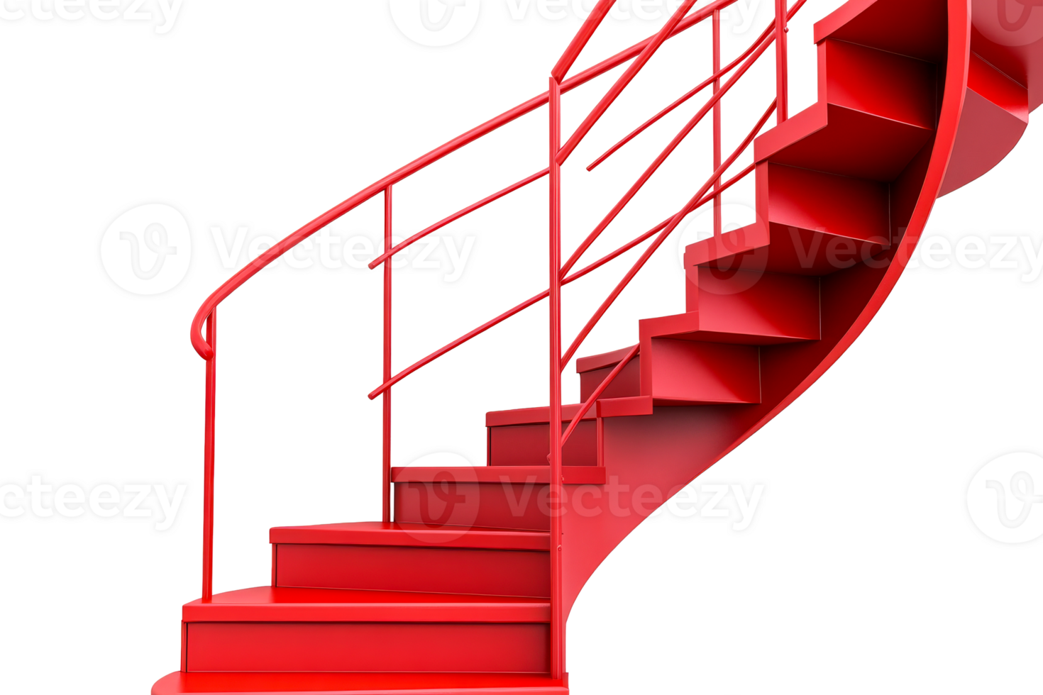 Curved red staircase with railings and details png