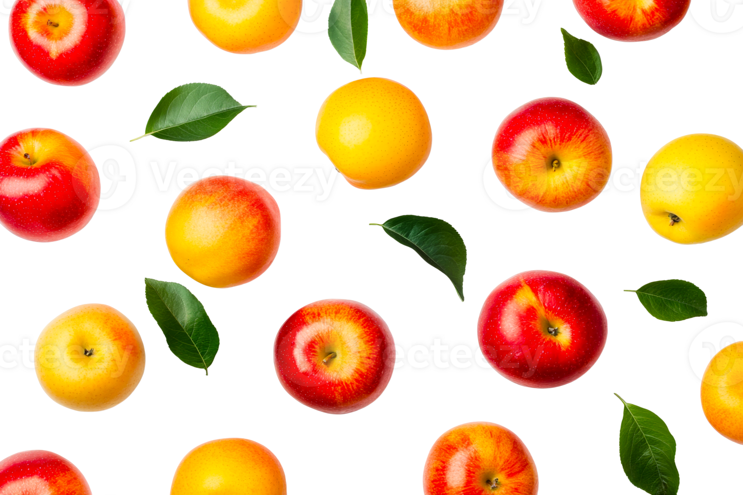 Colorful apples arranged with green leaves png