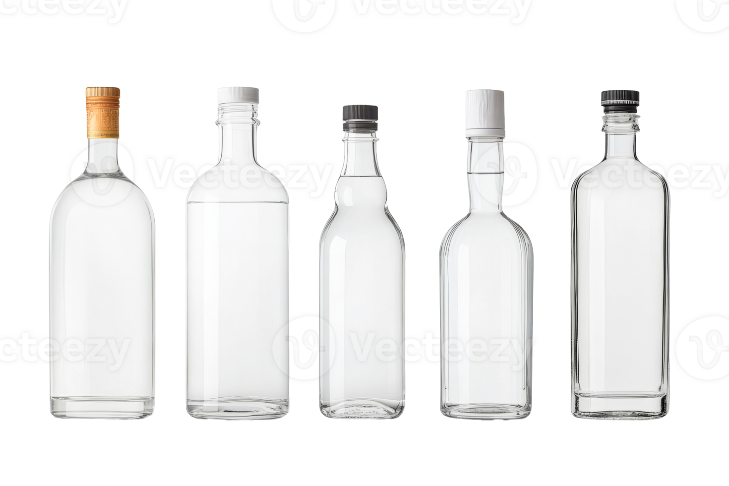 Clear bottles with assorted caps png