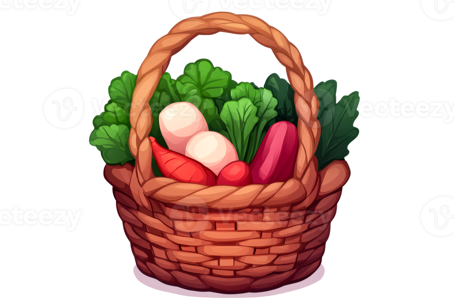 Fresh vegetables in a woven basket with greens png