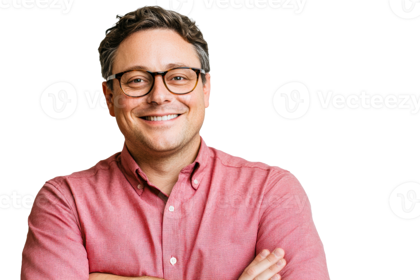 Man smiling with arms crossed, bright demeanor png