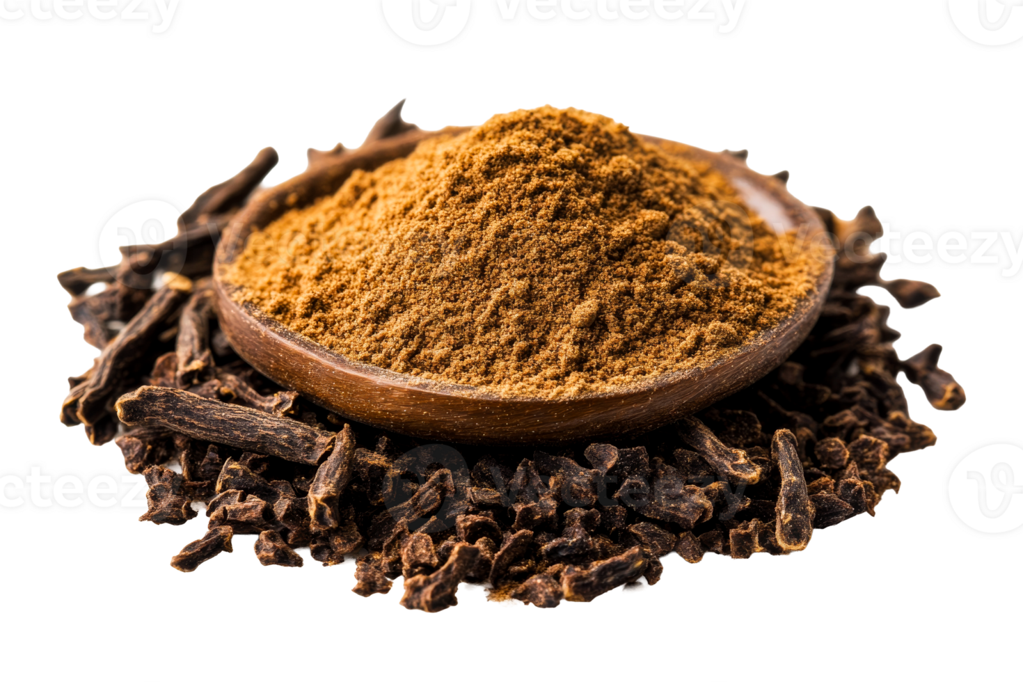Ground spice in a wooden bowl on dried herbs png