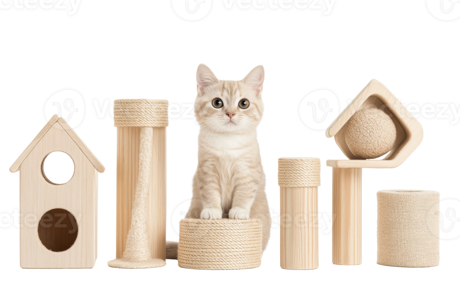Cute cat with wooden play structures at home png