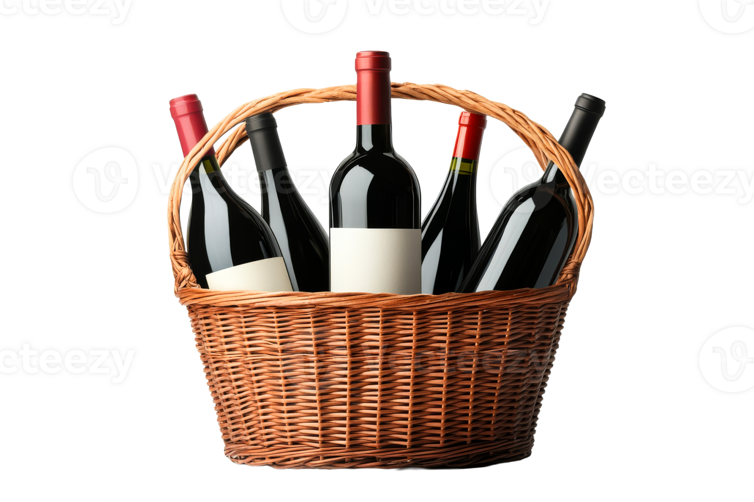 Wine basket with assorted bottles for gatherings png