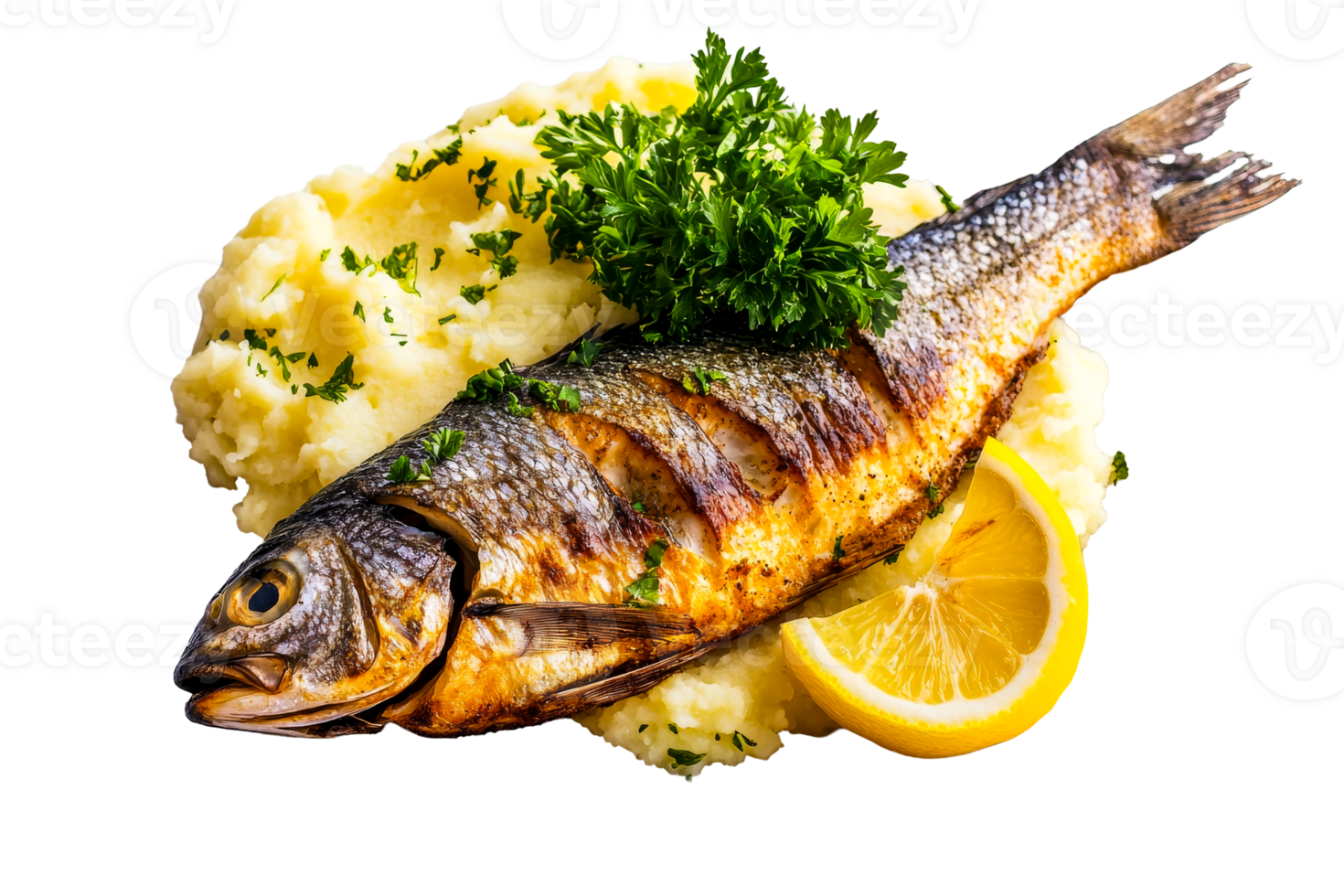 Grilled fish with mashed potatoes lemon png