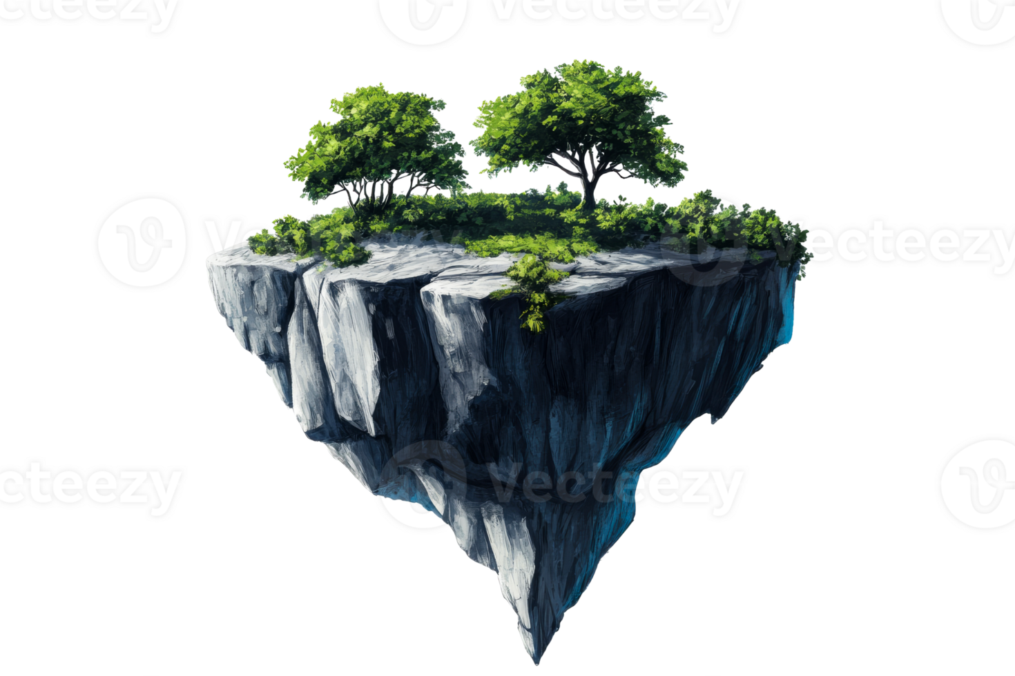 Floating island with lush greenery and rocks png