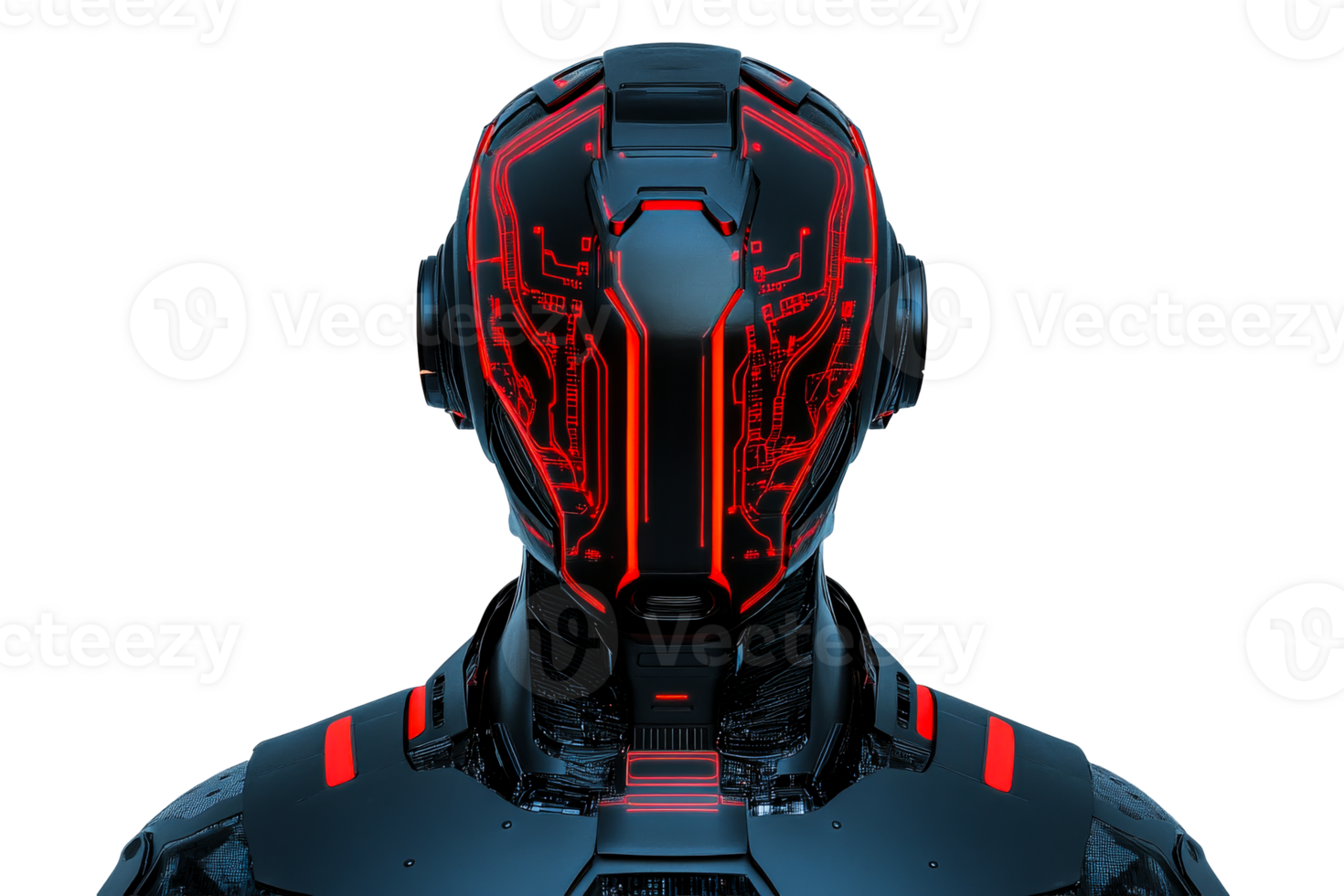 Futuristic robot head with glowing red details png