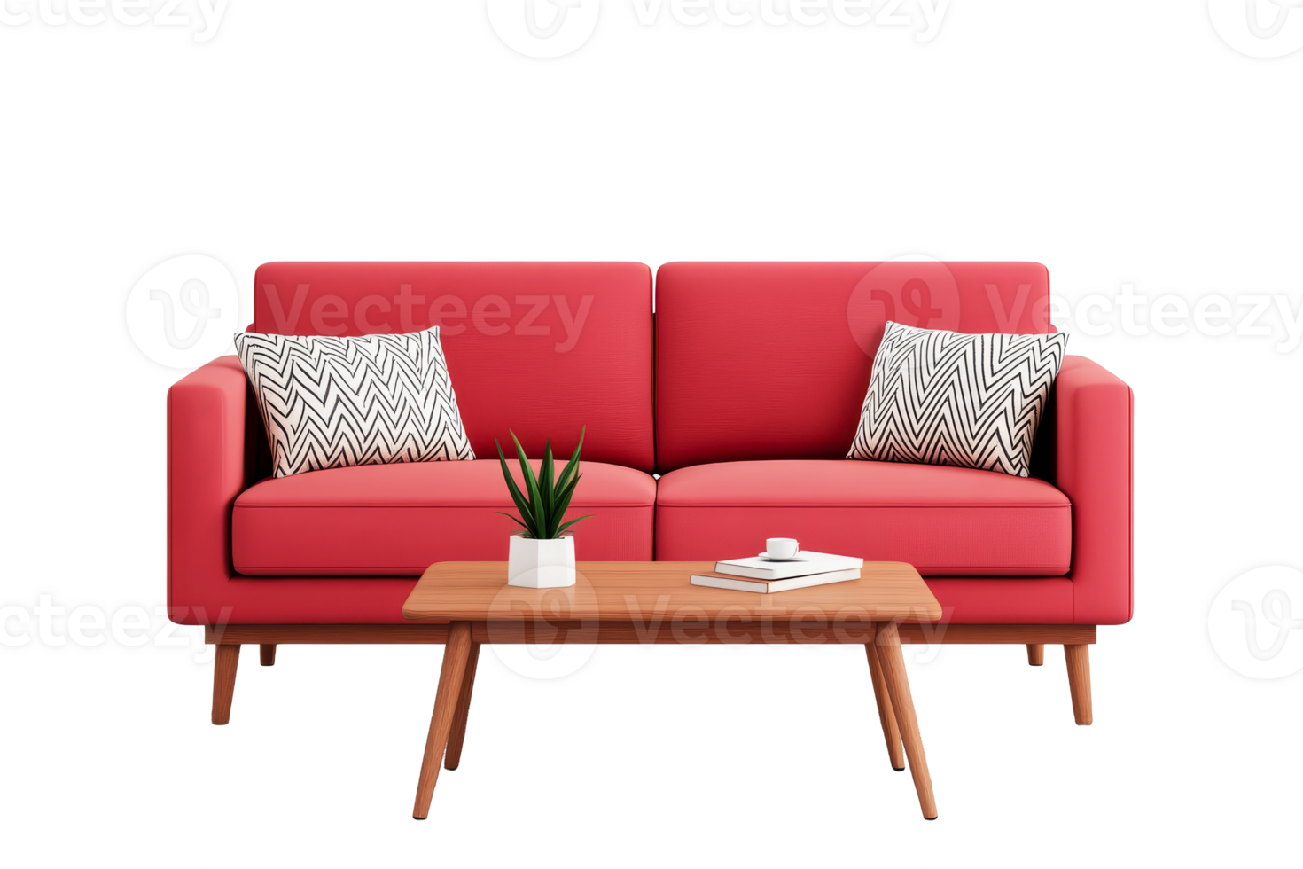 Bright red sofa with decorative cushions and table png