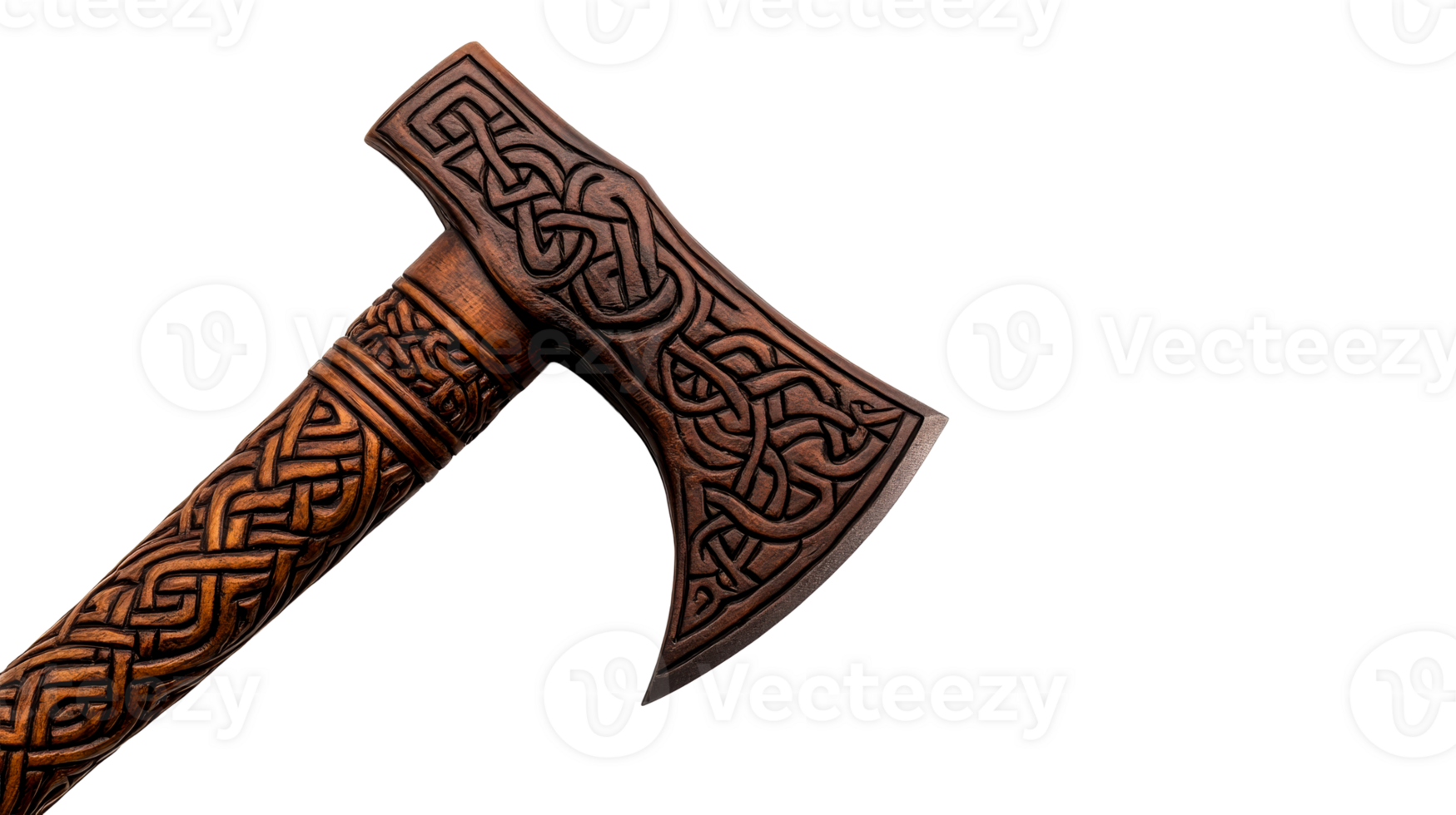 Ornate wooden axe with intricate Celtic patterns png