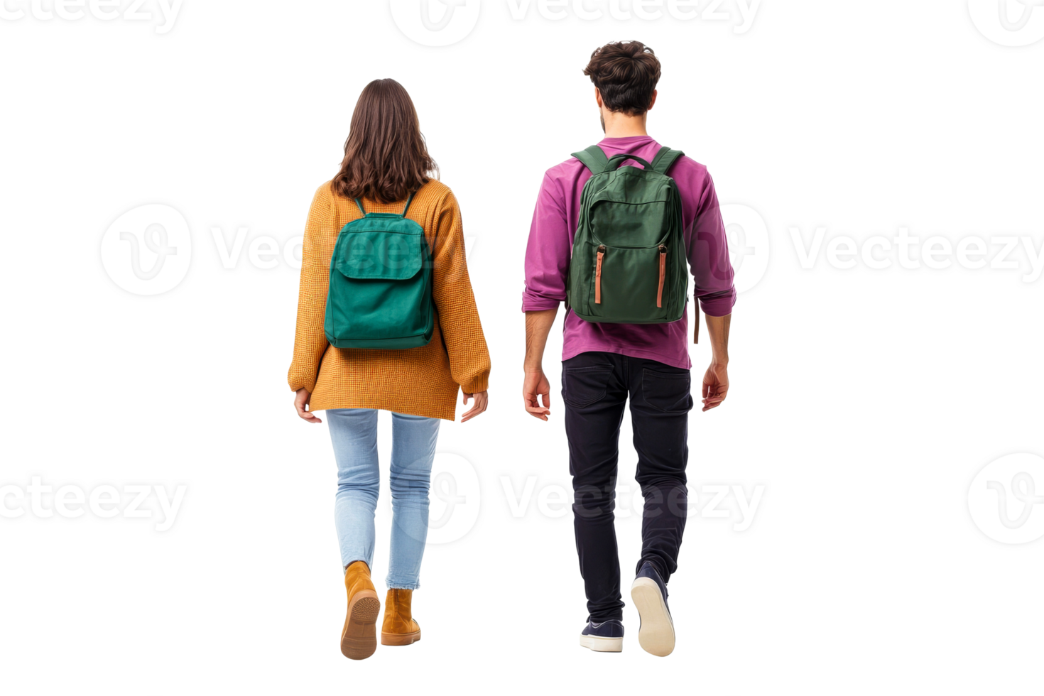 Young couple walking away with backpacks in autumn png