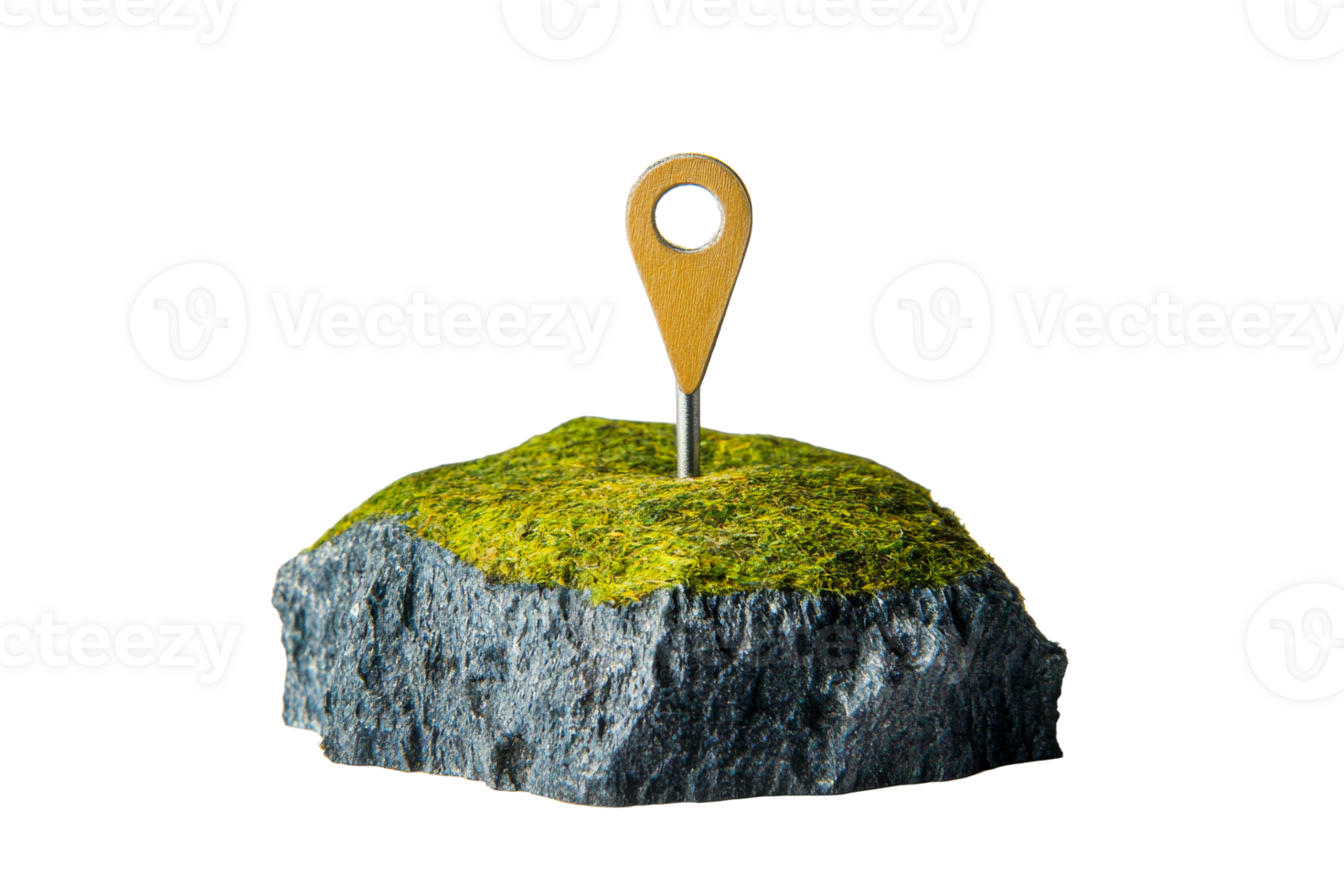Natural stone with wooden location marker on moss png