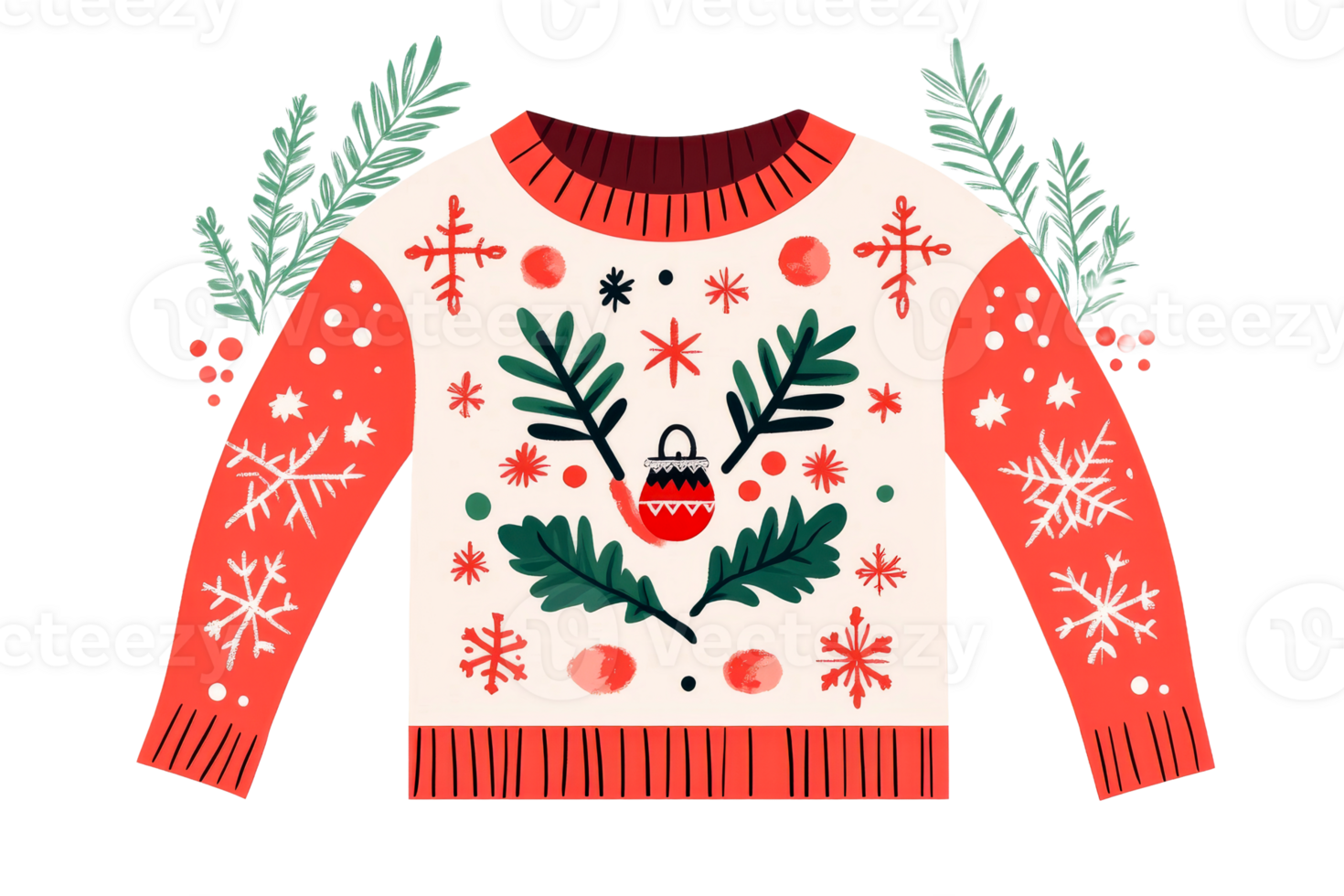 Bright red holiday sweater with festive design png