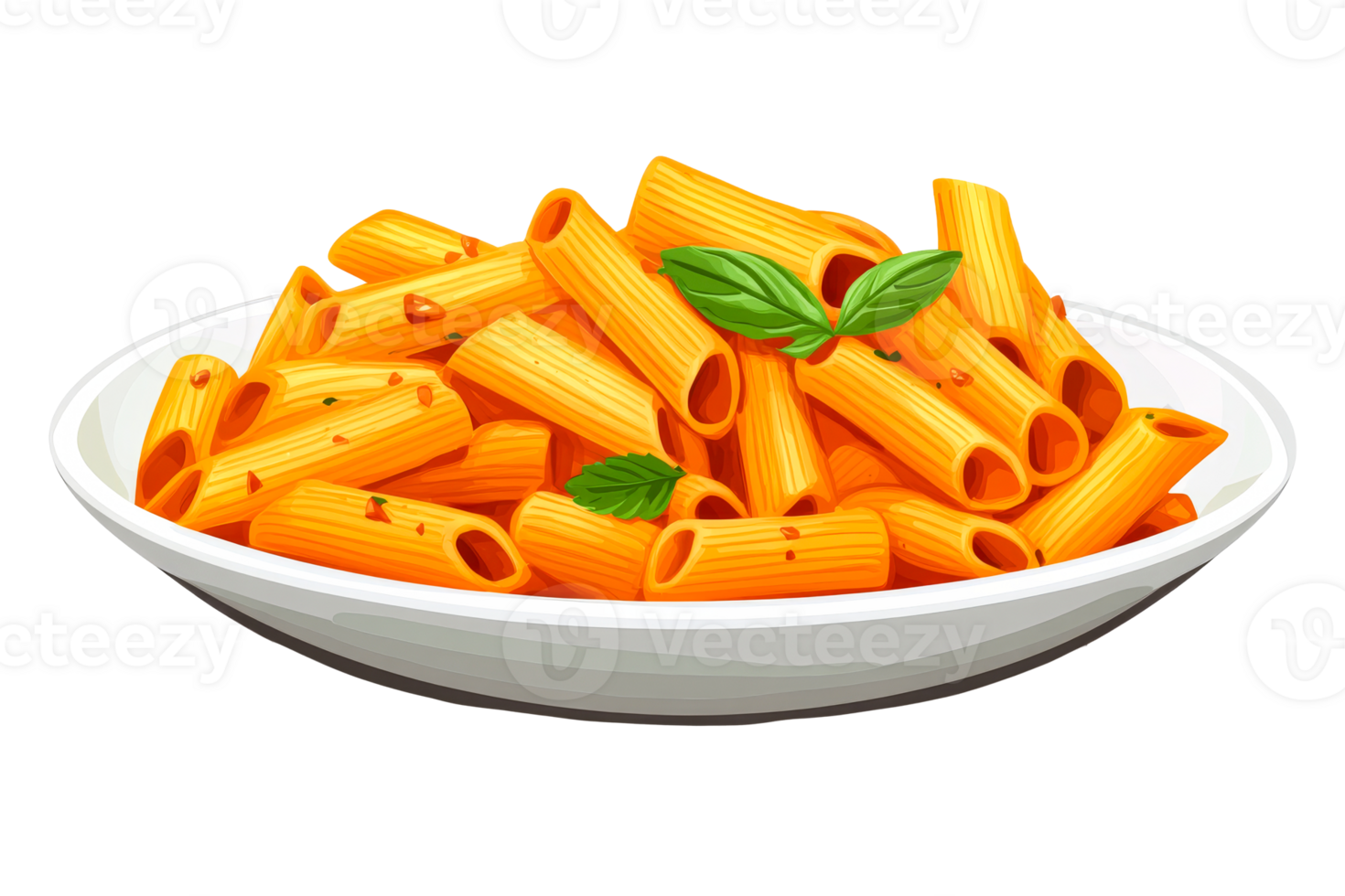Bowl of rigatoni pasta with basil leaves on top png