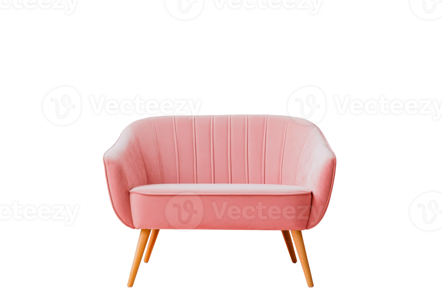 Pink loveseat with wooden legs, soft fabric png