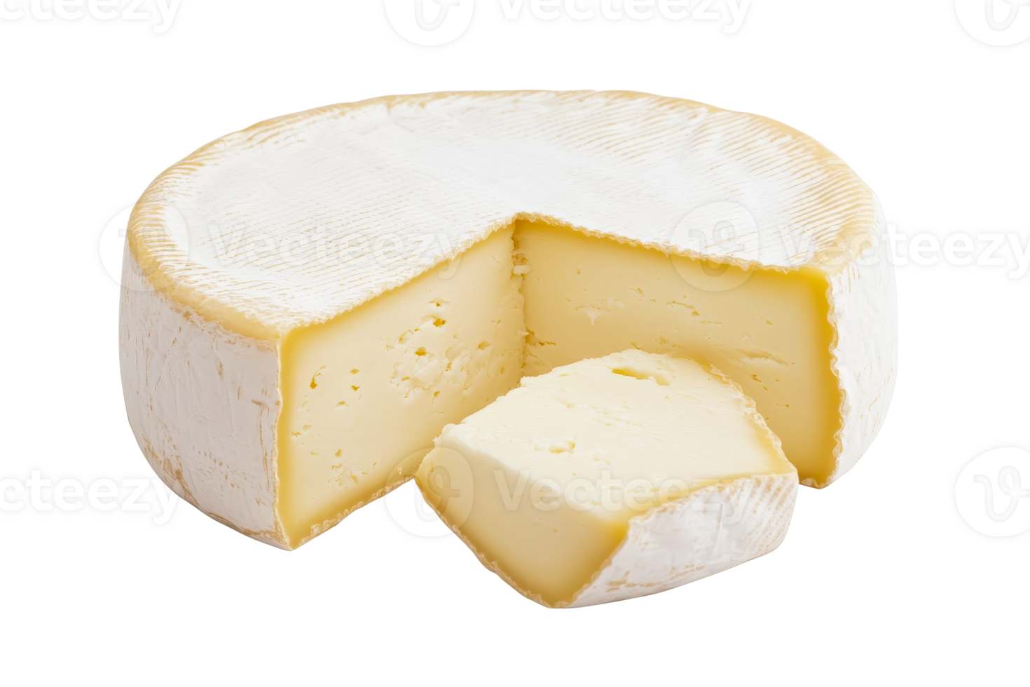 Creamy cheese wheel with cut piece displayed png