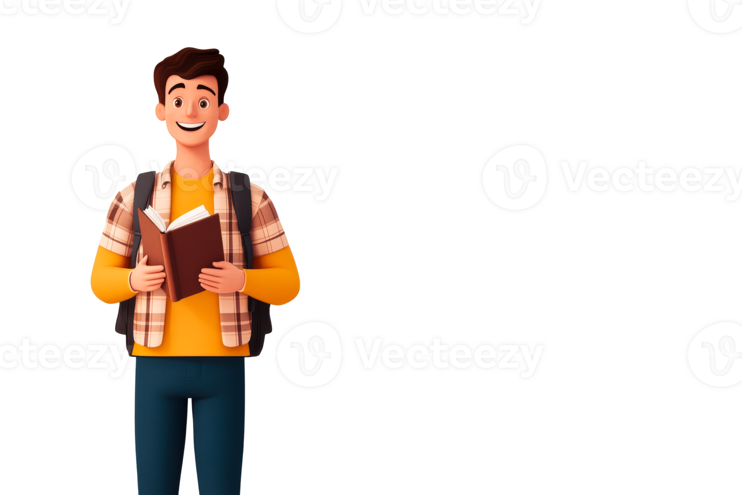 Young man with book and backpack in sun png