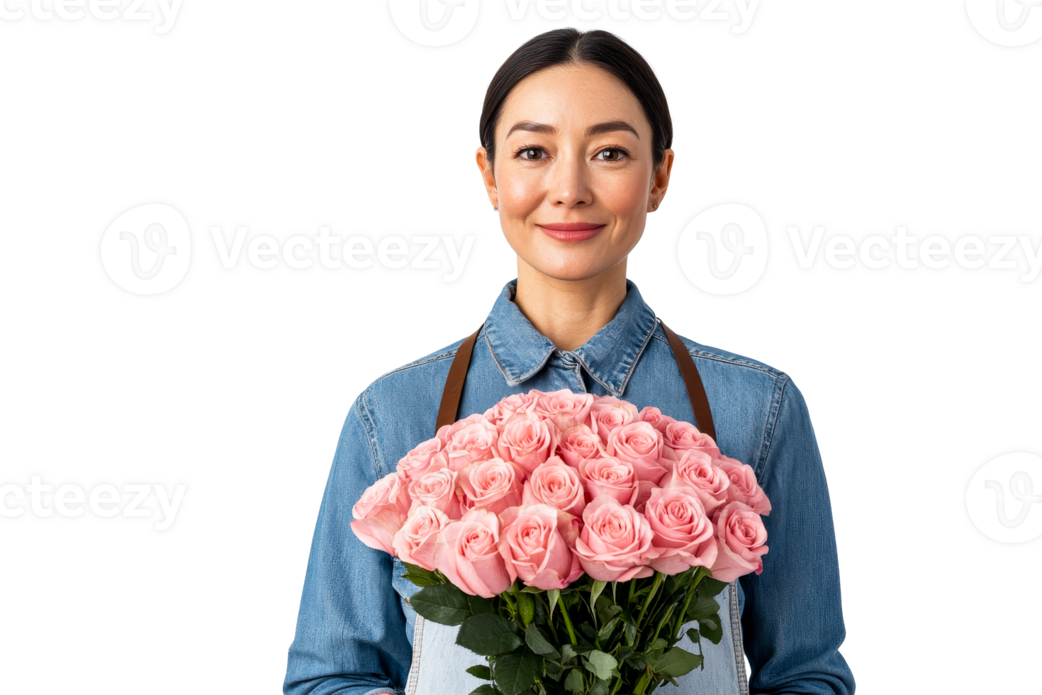 Florist smiles with pink rose bouquet png