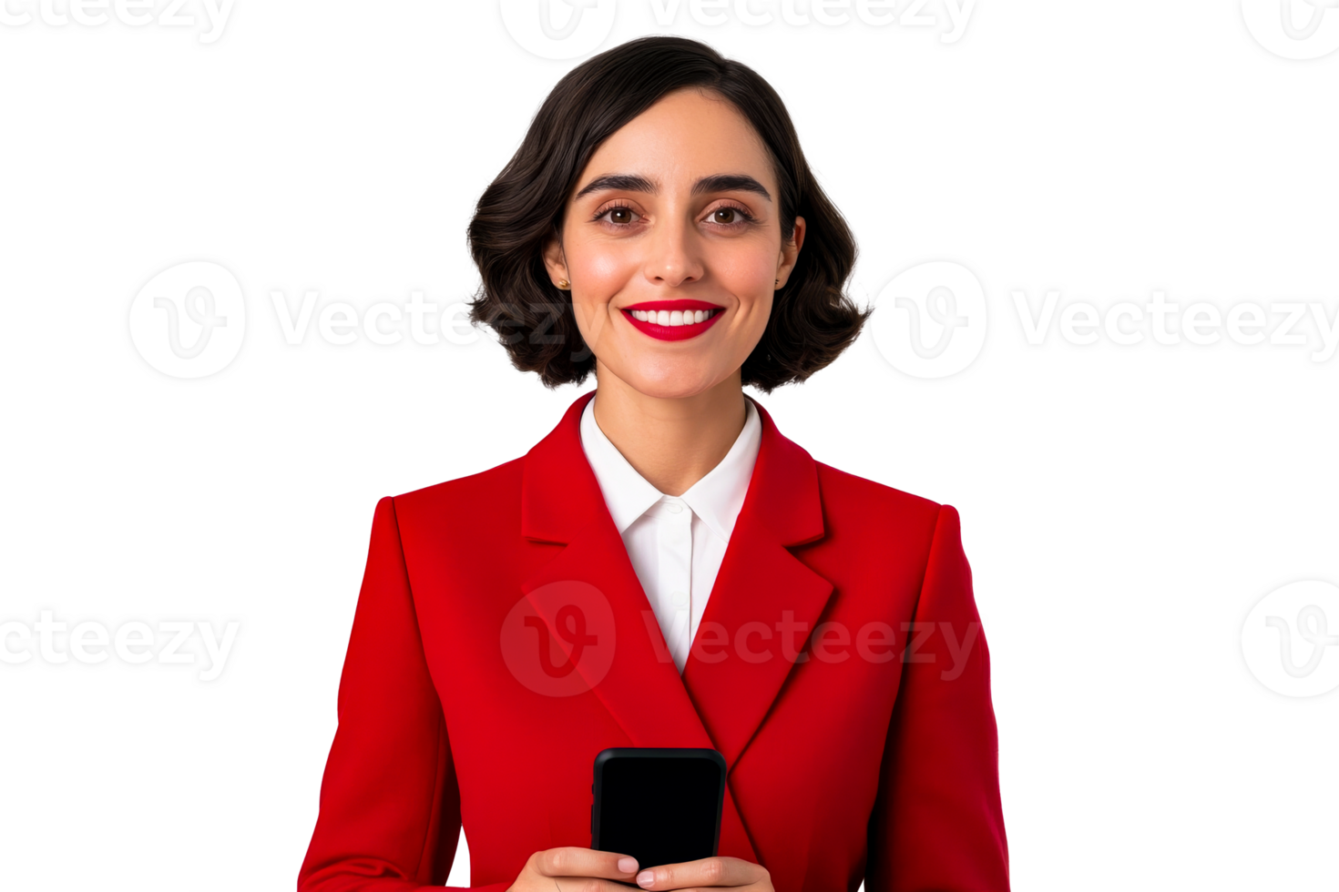 Professional woman wearing red suit holding phone png