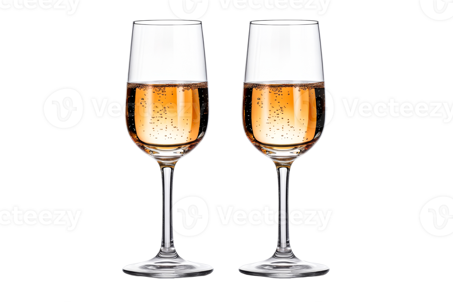 Two champagne flutes filled with bubbly liquid, cut out transparent png