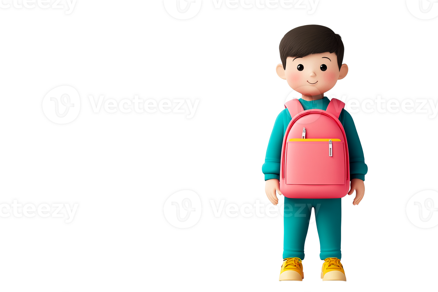 Cartoon boy with pink backpack, school uniform, smile, cut out transparent png