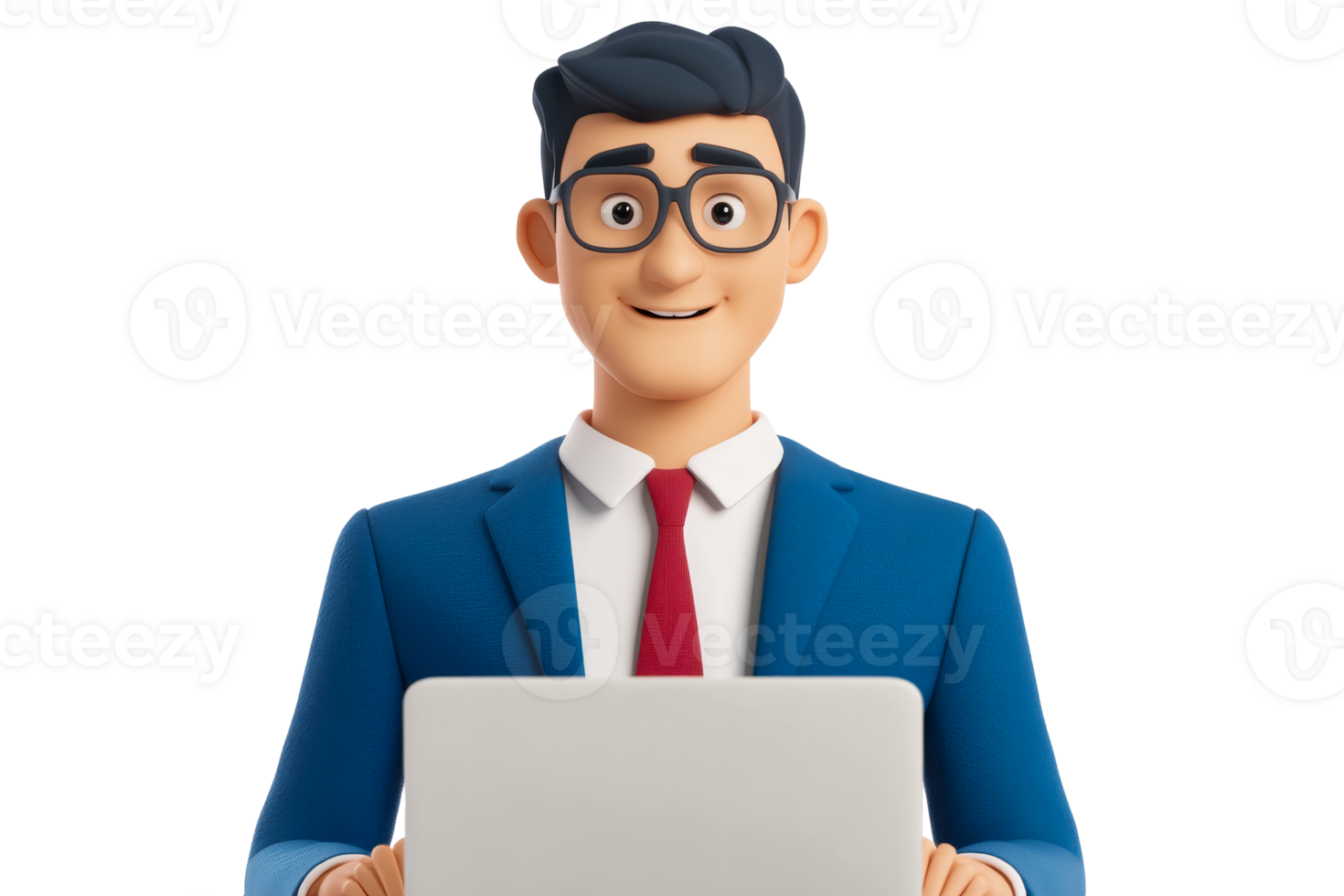 Cartoon Businessman using Laptop, Blue Suit, Red Tie, cut out transparent png