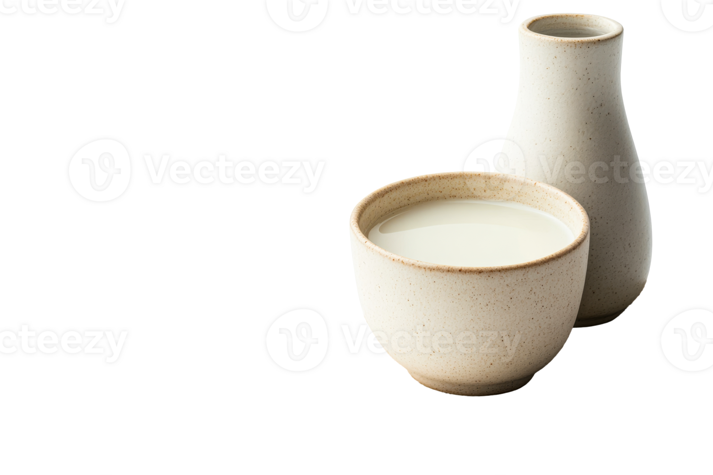 Sake set stoneware filled sake isolated black background, cut out transparent png