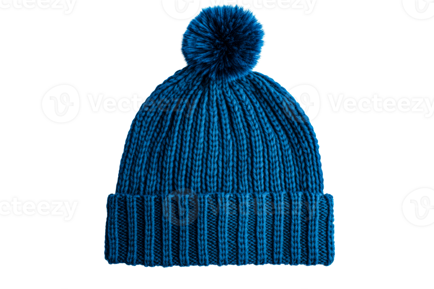Knitted blue winter hat with a pompom for cold weather, cut out transparent png